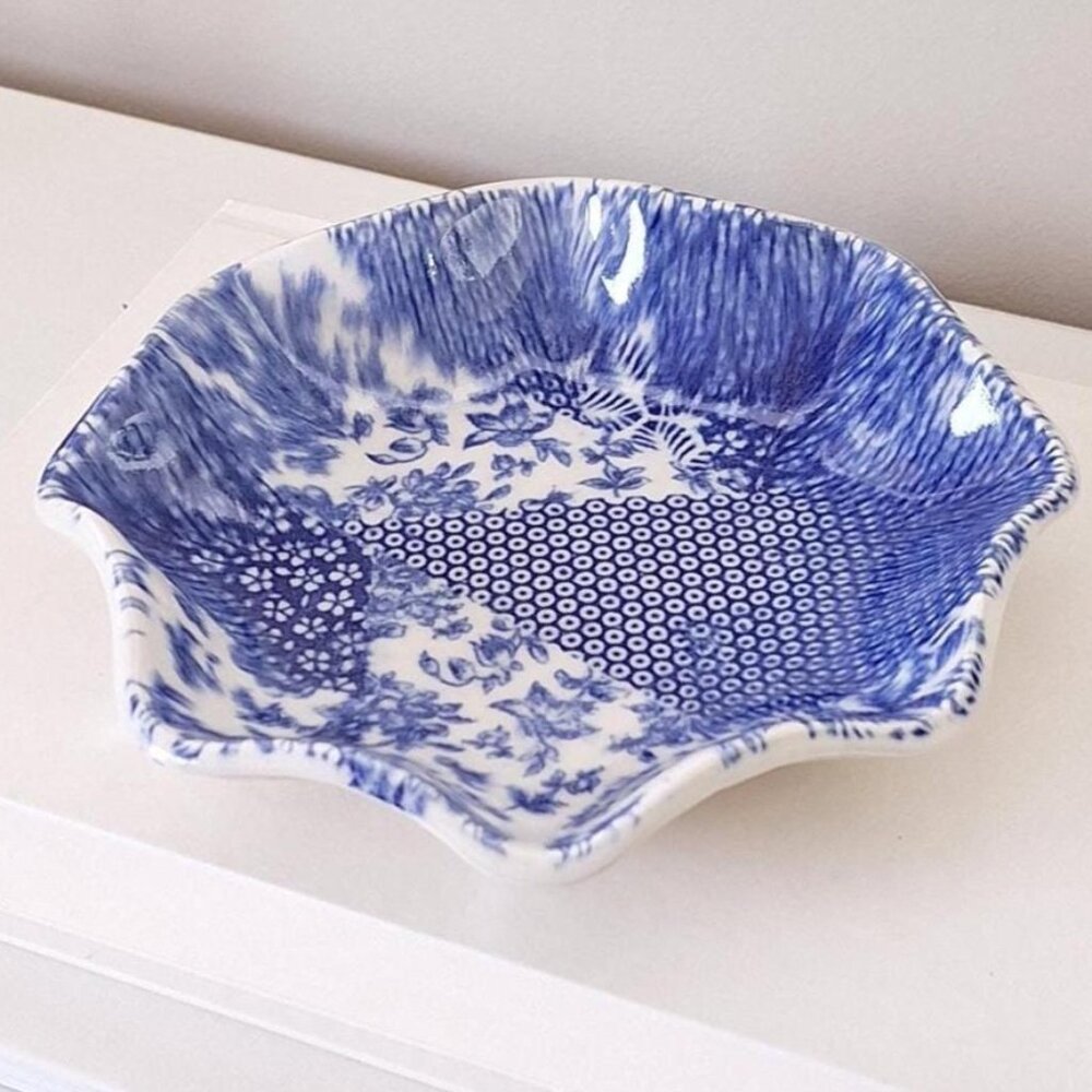 Vintage Blue and White Floral Pottery Bowl quilt design Handmade Trinket Dish